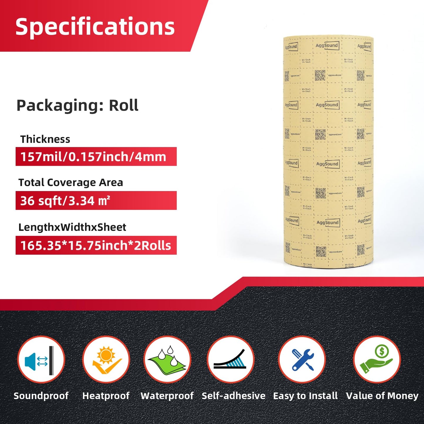 AggSound 157mil 36sqft Roll Pack Sound Deadener for Cars-Auto Closed Cell Foam Noise Deadening Material-Heat Shield Insulation Dampening Mat