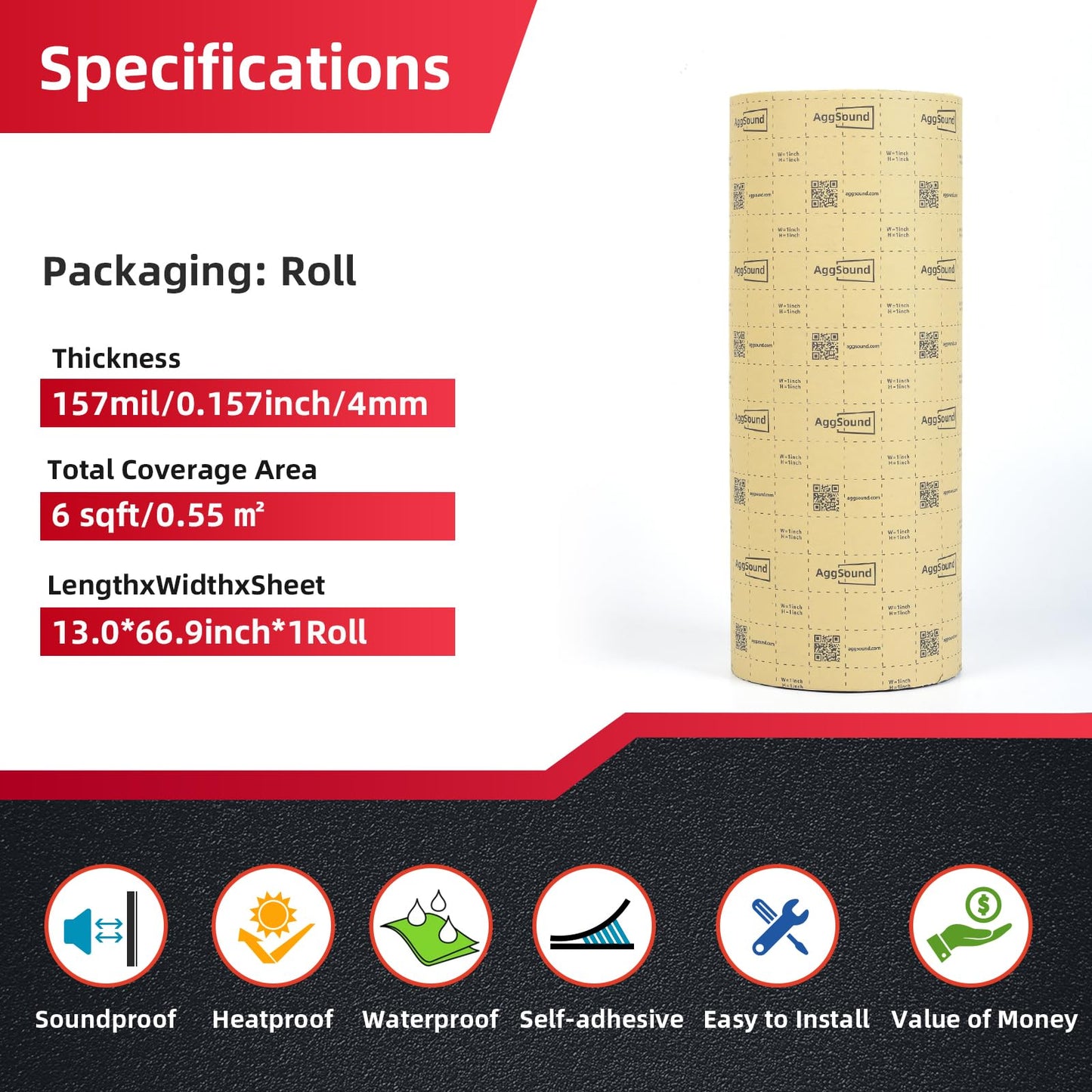 AggSound 157mil 6sqft Roll Sound Deadener for Cars-Auto Closed Cell Foam Noise Deadening Material-Heat Shield Insulation Dampening Mat