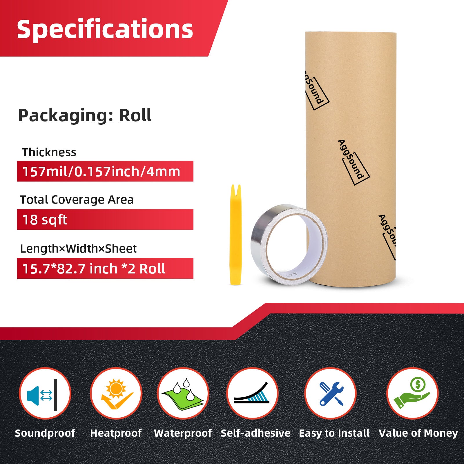 GTMAT 10 SQFT AUTOMOTIVE AUDIO DAMPENING 50MIL PRO - NOISE REDUCTION  INSTALLATION KIT INCLUDES: 10SQFT (QTY 1 - 1FT X 10FT ROLL), INSTRUCTION  SHEET, APPLICATION ROLLER, DEGREASER, GT MAT DECALS - GTIN/EAN/UPC